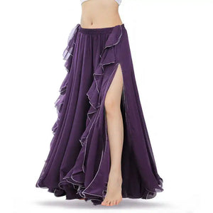 Belly Dance Skirt, Women's Royal Blue Chiffon Ruffle High Slit Maxi Skirt, Belly Dancing Performance Apparel