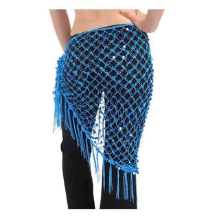 Women's Blue Sequin Mesh Fringe Belly Dance Hip Scarf