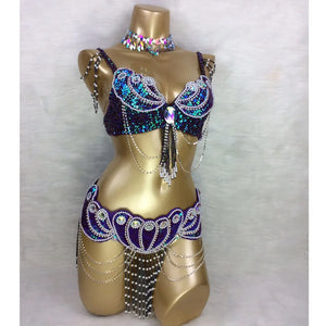 Belly Dance Costume, Women's Red Sequin & Bead Bra and Belt Set with Chains and Iridescent Choker, Performance Wear