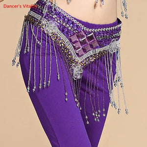 Belly Dance Hip Scarf, Women's Red Sequin & Beaded Fringe Hip Belt for Performance & Practice