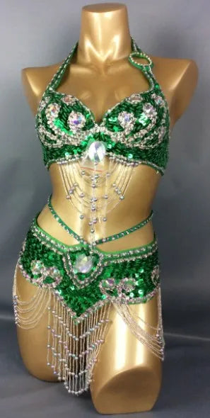 Belly Dance Costume, Women's Gold Sequin & Rhinestone Halter Bra & Hip Scarf Set with Beaded Fringe, Professional Performance Wear