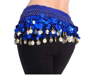 Belly Dance Hip Scarf for Women, Blue Sequin & Coin Fringe, Chiffon & Spandex, Tribal Fusion Bellydance