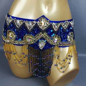 Belly Dance Hip Scarf, Women's Royal Blue Sequin & Bead Embellished Hip Belt with Gold & Iridescent Fringe, Tribal Fusion Dancewear