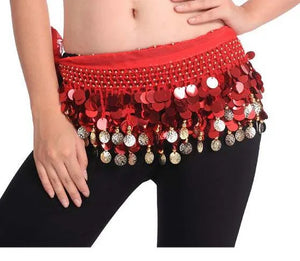 Belly Dance Hip Scarf for Women, Blue Sequin & Coin Fringe, Chiffon & Spandex, Tribal Fusion Bellydance