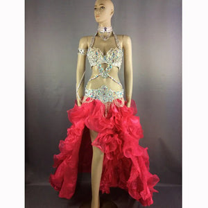 Women's White Sequin & Rhinestone Embellished Halter Neck Belly Dance Costume with Ruffled High-Low Skirt