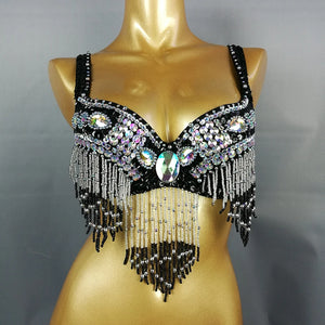 Women's Black Sequin Beaded Fringe Belly Dance Bra Top