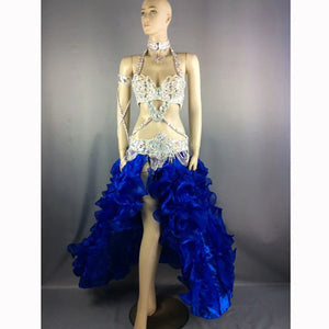 Women's White Sequin & Rhinestone Embellished Halter Neck Belly Dance Costume with Ruffled High-Low Skirt