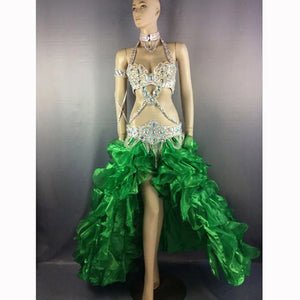 Women's White Sequin & Rhinestone Embellished Halter Neck Belly Dance Costume with Ruffled High-Low Skirt