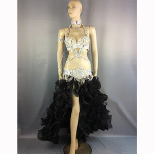 Women's White Sequin & Rhinestone Embellished Halter Neck Belly Dance Costume with Ruffled High-Low Skirt
