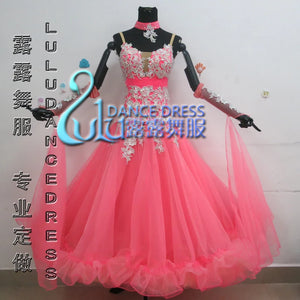 Ballroom Dance Dress Women's Pink Sequin Lace Tulle Full Skirt with Ruffles and Armbands