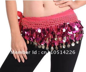 Belly Dance Hip Scarf for Women, Blue Sequin & Coin Fringe, Chiffon & Spandex, Tribal Fusion Bellydance