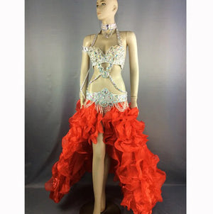 Women's White Sequin & Rhinestone Embellished Halter Neck Belly Dance Costume with Ruffled High-Low Skirt