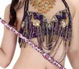 Belly Dance Costume Women Gold Sequin Beaded Fringe Halter Top and Belt Set with Rhinestone Necklace