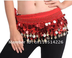 Belly Dance Hip Scarf for Women, Blue Sequin & Coin Fringe, Chiffon & Spandex, Tribal Fusion Bellydance