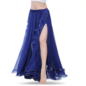 Belly Dance Skirt, Women's Royal Blue Chiffon Ruffle High Slit Maxi Skirt, Belly Dancing Performance Apparel