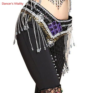 Belly Dance Hip Scarf, Women's Red Sequin & Beaded Fringe Hip Belt for Performance & Practice