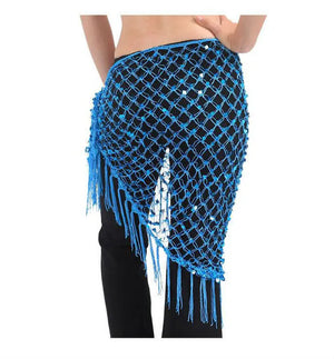 Women's Blue Sequin Mesh Fringe Belly Dance Hip Scarf