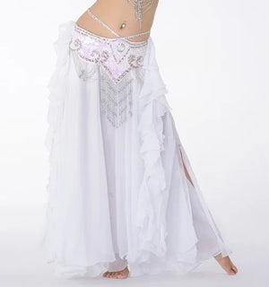 Belly Dance Skirt, Women's Pink Chiffon Ruffle Tiered Maxi Skirt, Flowy Tribal Dancewear