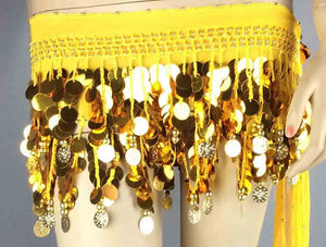 Belly Dance Hip Scarf for Women, Blue Sequin & Coin Fringe, Chiffon & Spandex, Tribal Fusion Bellydance