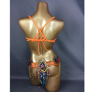 Belly Dance Costume, Women's Orange Sequin Rhinestone Bra and Belt Set with Draping Chains, Samba/Carnival/Burlesque Dancewear