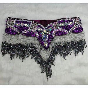 Belly Dance Hip Scarf, Women's Black & Silver Sequin Beaded Fringe Hip Belt, Tribal Dance Skirt