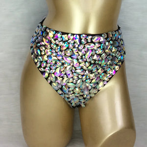 High-Waisted Women's Iridescent Rhinestone Embellished Black Dance Shorts, Crystal Studded Bottoms
