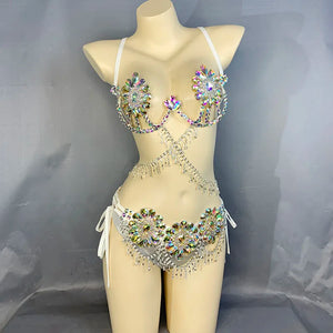 Women's White Iridescent Rhinestone Flower Bra and Bikini Set with Draping Chains, Belly Dance