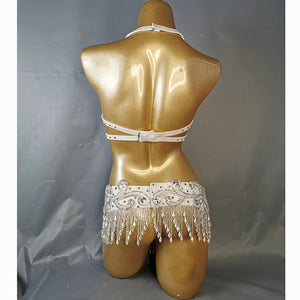 Belly Dance Costume Womens Royal Blue Halter Bra and Hip Scarf with Silver Embroidery, Rhinestones, and Beaded Fringe for Performance