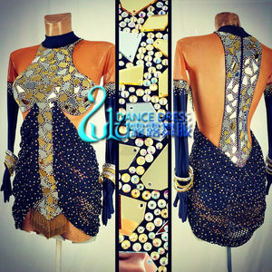Latin Dance Dress Women Black & Gold Mesh Open Back Mirrored Sequin Rhinestone Fringe