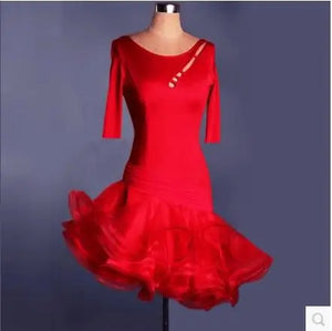 Latin Dance Dress Women's Red Stretch Knit Quarter Sleeve Cut-out Backless Ruffled Standard Ballroom Performance Costume