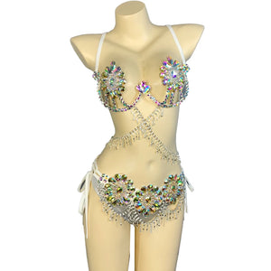 Women's White Iridescent Rhinestone Flower Bra and Bikini Set with Draping Chains, Belly Dance