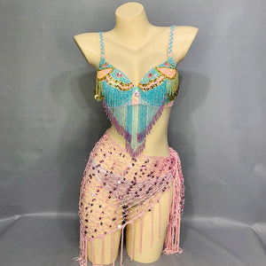 Belly Dance Costume Set Women's Light Blue & Pink Sequin Beaded Fringe Bra Top with Pink Sequin Mesh Hip Scarf