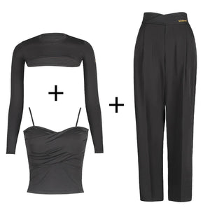 Women's Black Long Sleeve Cutout Crop Top & Black Logo Print High-Waisted Dance Pants Set, Stretch Fabric