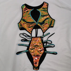 Sequined Cut-Out Bodysuit, Women's Multi-Color Sequin & Black Lycra, Open Back & Side Straps, Jazz Dance Performance Costume