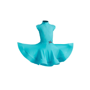Girls' Aqua Latin Dance Dress with Headband, Short Sleeve, Ballroom Rumba Cha Cha Samba
