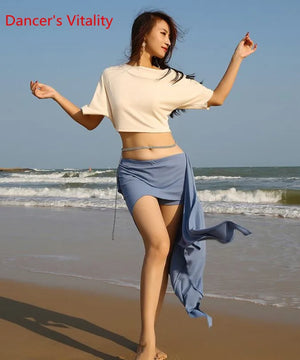 Women's Pink Crop Top and Ruched Slit Skirt Set with Rhinestone Waist Chain for Belly Dance