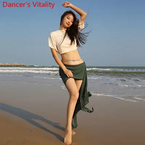 Women's Pink Crop Top and Ruched Slit Skirt Set with Rhinestone Waist Chain for Belly Dance