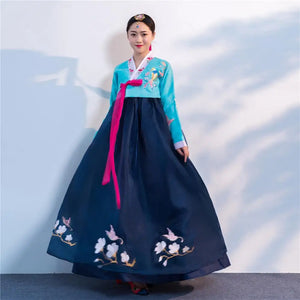 Women's Pink Hanbok Dress with Embroidered Flowers and Birds