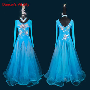 Ballroom Dance Dress Women's Blue Rhinestone Mesh Long Sleeve Tulle Gown Standard Dance