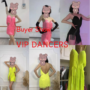 Women's Black Fringe Latin Ballroom Dance Dress, V-Neck Spaghetti Strap Cut-Out Mini Dress