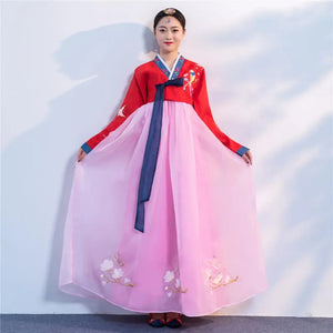 Women's Pink Hanbok Dress with Embroidered Flowers and Birds