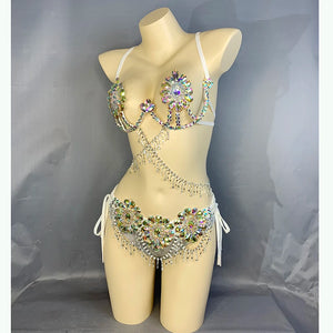 Women's White Iridescent Rhinestone Flower Bra and Bikini Set with Draping Chains, Belly Dance