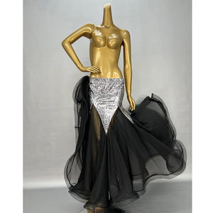 Belly Dance Skirt Women's Blue Shimmering Sequined Chiffon Flowy Mermaid Skirt