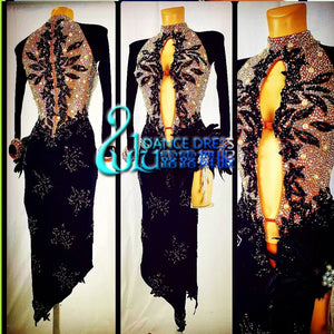 Women's Black Embellished Long Sleeve Ballroom Latin Dance Dress with Feathers