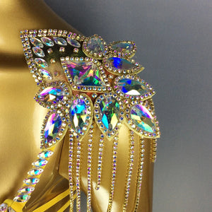 Rhinestone Carnival Bikini Set, Women's Gold Sparkle Crystal Embellished Bra and Bottoms with Shoulder Pads and Leg Bands, Samba Dance Costume