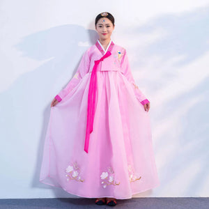 Women's Pink Hanbok Dress with Embroidered Flowers and Birds
