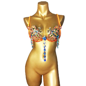 Belly Dance Top Womens Pink and Blue Beaded Halter Bra with Rhinestones and Dangles for Performance and Practice