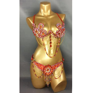 Belly Dance Costume, Women's Red & Gold Beaded Crystal Bra & Belt Set, Latin & Samba Dancewear