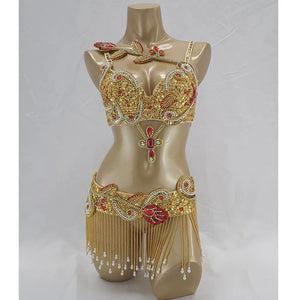 Belly Dance Costume Women Gold Sequin Embroidered Red Gemstone Bra and Belt Set with Beaded Fringe