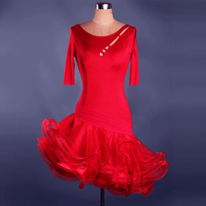 Latin Dance Dress Women's Red Stretch Knit Quarter Sleeve Cut-out Backless Ruffled Standard Ballroom Performance Costume